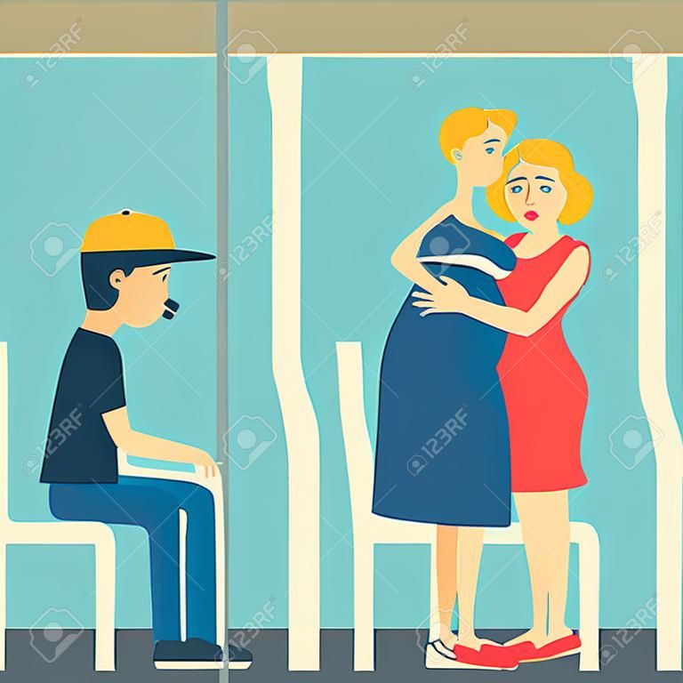 Gute Manieren. Schwangere Frau im Bus. Um der schwangeren Frau zu begegnen. Frau und Junge mit Spieler