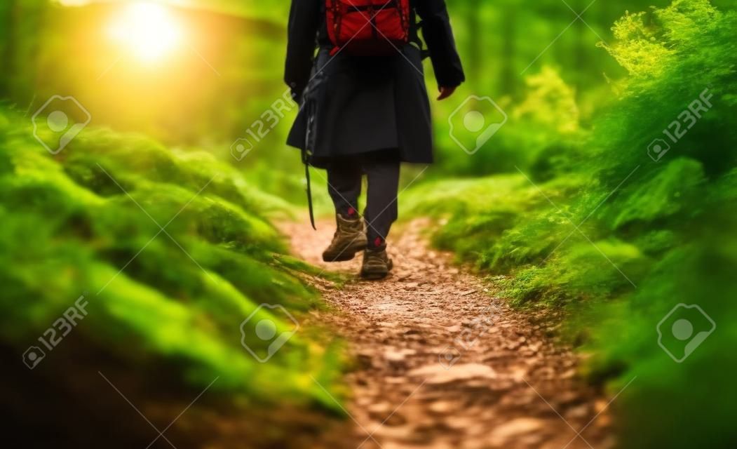El viajero masculino va por senderos naturales, bosques y prados, fotografía de la naturaleza de la hora dorada, botas de trekking de cerca. ai generativa