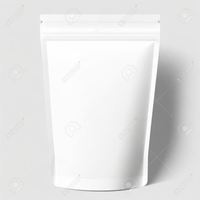 White Blank Foil Food Or Drink Doy pack Bag Packaging. Illustration Isolated On White Background. Mock Up, Mockup Template Ready For Your Design. Vector