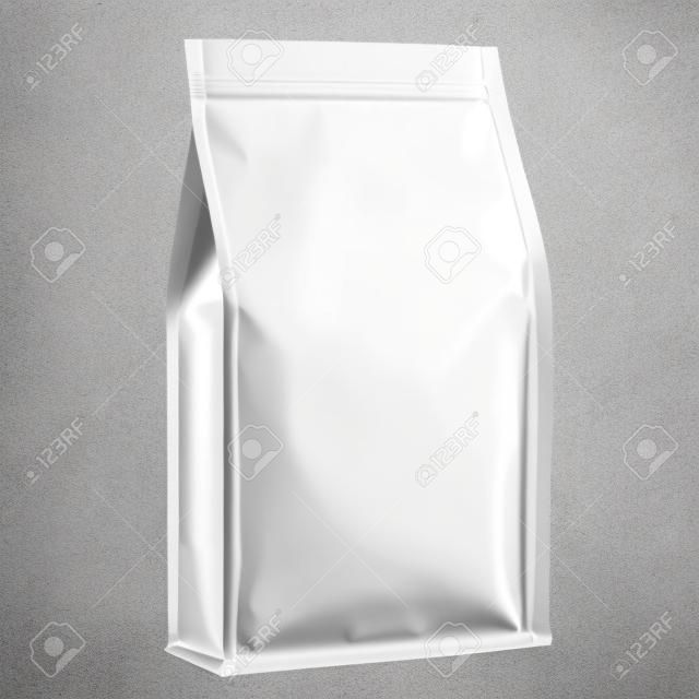 白プラスチック、コーヒー、スパイスや粉の箔紙食品パッケージ袋。グレースケール。白い背景で隔離の図。あなたのデザインのテンプレートの準備ができてのモックを作成します。製品梱包ベクトル EPS10