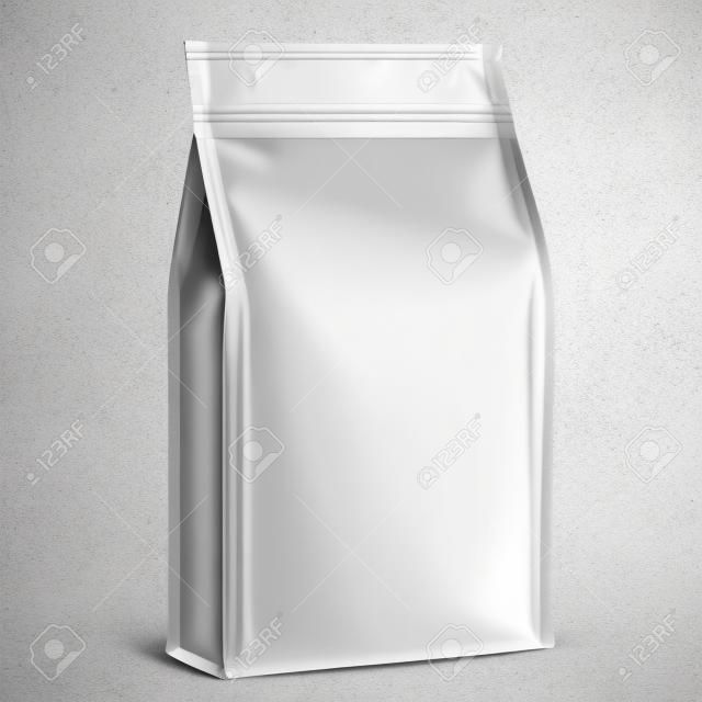 커피, 향신료 또는 밀가루의 흰색 플라스틱, 호 일 종이 음식 가방 패키지. 그레이 스케일. 그림 흰색 배경에 고립입니다. 귀하의 디자인에 대 한 준비 템플릿을 모의. 제품 포장 벡터 EPS10