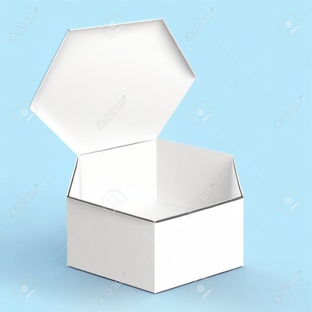 Open White Cardboard Hexagon Box Packaging For Food, Gift Or Other Products. Illustration Isolated On White Background. Mock Up Template Ready For Your Design. Product Packing Vector EPS10