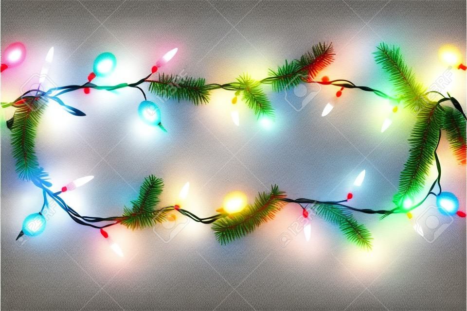 Christmas lights garland border over white background, digital illustration painting artwork