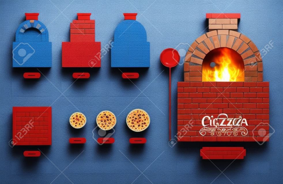 Pizzaofen aus Ziegelsteinen mit oben, von vorne, Seite, Blick zurück auf blauem Hintergrund