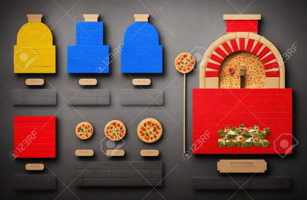 Four à pizza en briques avec dessus, de face, de côté, vue de dos sur fond bleu