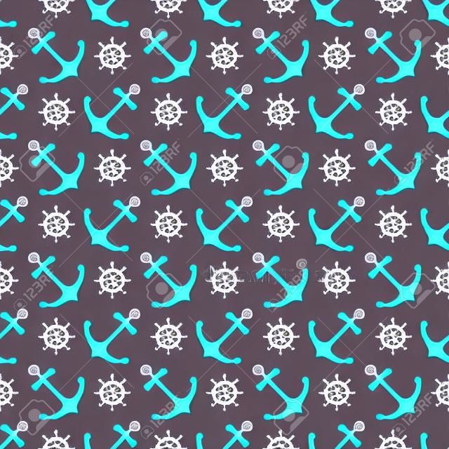 Seamless nautical background with anchors and ship wheels  Vector illustration 