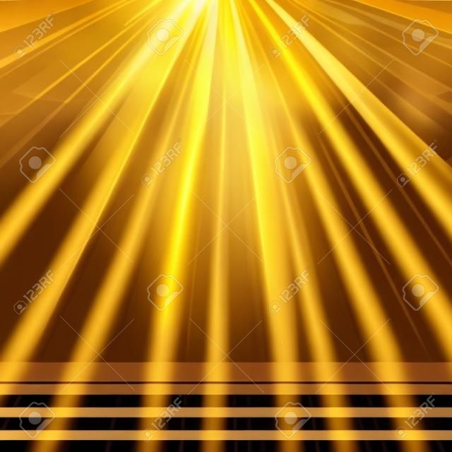Yellow sun rays. Warm orange flare. Glaring effect with transparency. Abstract glowing light background. Ready to apply. Graphic element for documents, templates, posters, flyers. Vector illustration