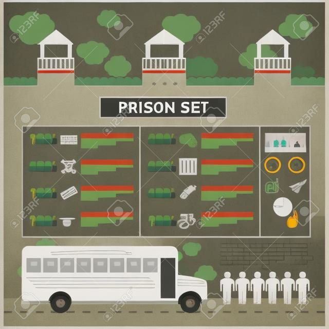Infographic Gefängnisuniform und eine Reihe von Symbolen.
