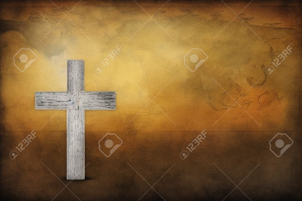 für Gott für die Lieben die Welt - ein Kreuz auf einer rustikalen Weltkarte
