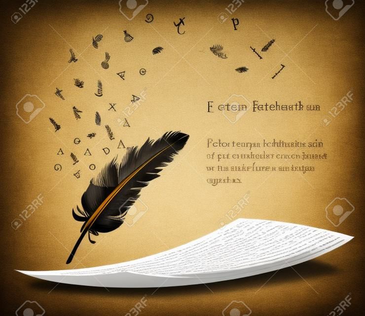 old feather with flying alphabet letters and paper