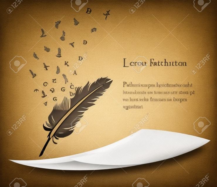 old feather with flying alphabet letters and paper