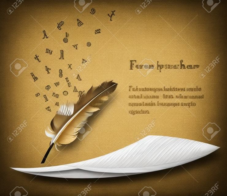 pluma vieja con letras del alfabeto volando y papel