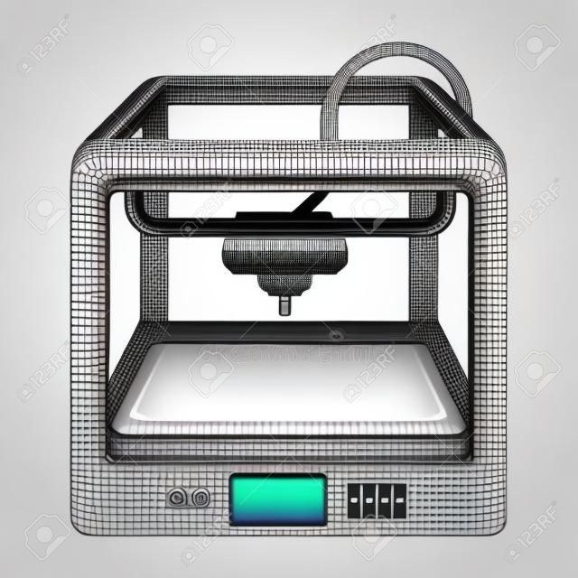 3D Printer in cartoon style isolated on white background. Typography symbol vector illustration.