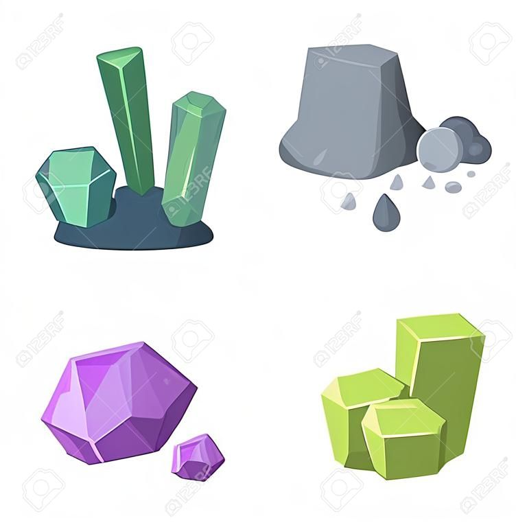 Kristaller, demir cevheri. Değerli mineraller ve bir kuyumcu koleksiyonu simgeleri karikatür tarzı vektör sembol stok örnekleri web.