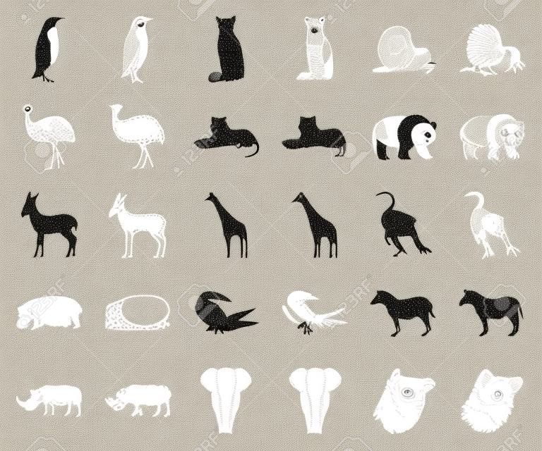 Diversi animali monocromatici,contorno icone nella raccolta di set per il design. Uccello, predatore ed erbivoro simbolo d'archivio web di vettore.