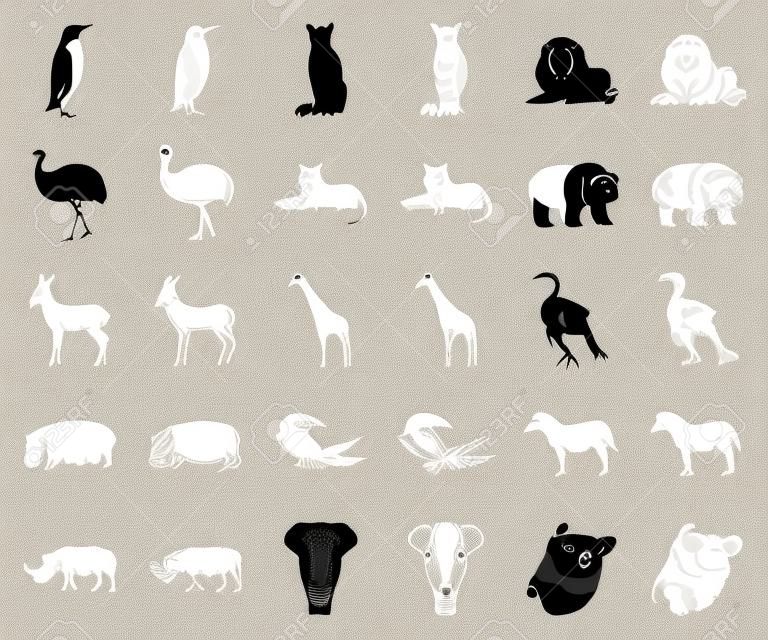 Diversi animali monocromatici,contorno icone nella raccolta di set per il design. Uccello, predatore ed erbivoro simbolo d'archivio web di vettore.