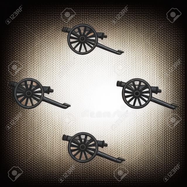 Icona di cannone in stile cartoon,nero isolato su priorità bassa bianca. Museo simbolo illustrazione vettoriale d'archivio.