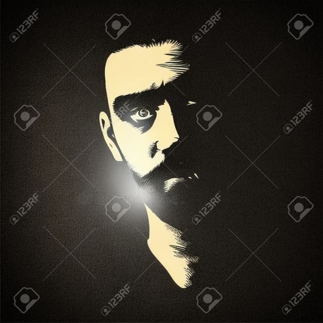 Ernstig mannelijk gezicht met snor en baard verlicht in het donker. Makkelijk te bewerken vector illustratie.