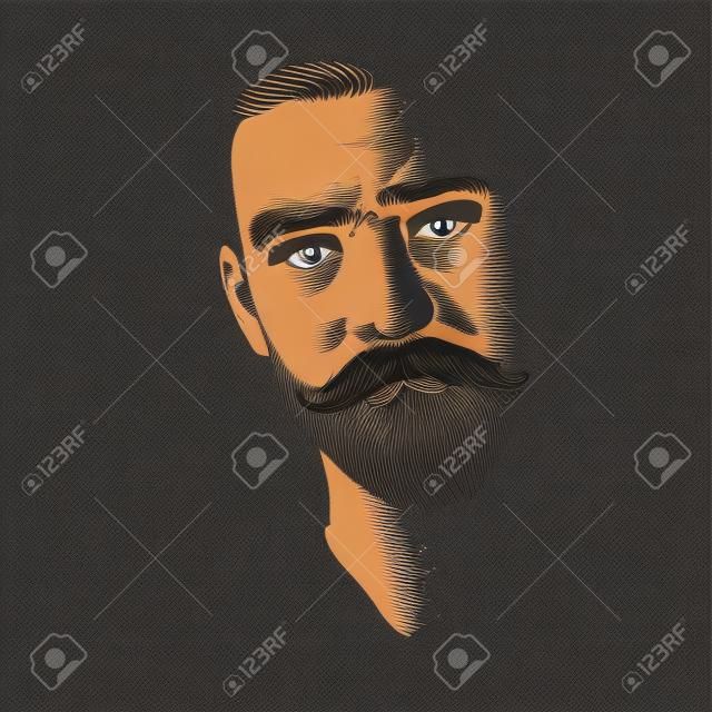 Visage masculin sérieux avec moustache et la barbe lumineux dans l'obscurité. Facile modifiable illustration vectorielle.