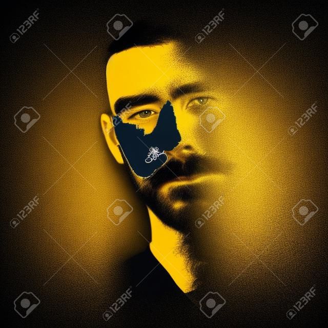 Rostro masculino serio con el bigote y la barba iluminado en la oscuridad. Fácil ilustración vectorial editable.