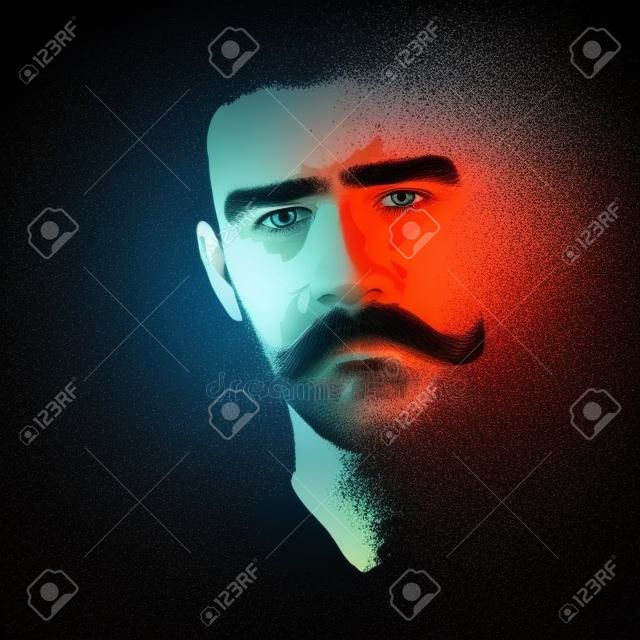 Rostro masculino serio con el bigote y la barba iluminado en la oscuridad. Fácil ilustración vectorial editable.
