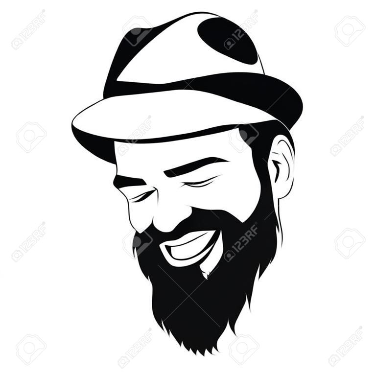 wektor portret śmiech brodaty mężczyzna w kapeluszu z zamkniętymi oczami