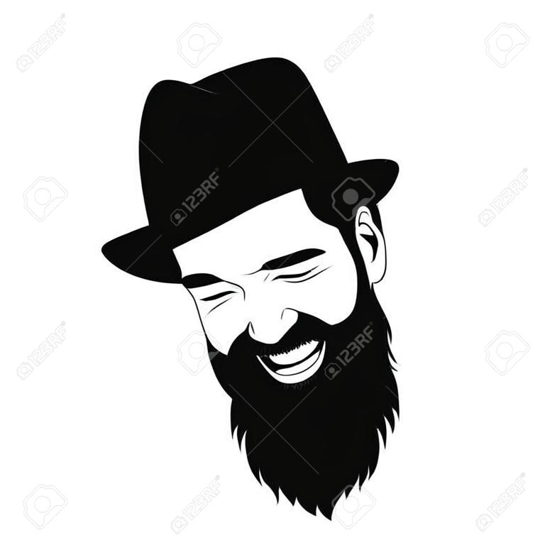 Vector Portrait des Lachens bärtigen Mannes mit Hut mit geschlossenen Augen