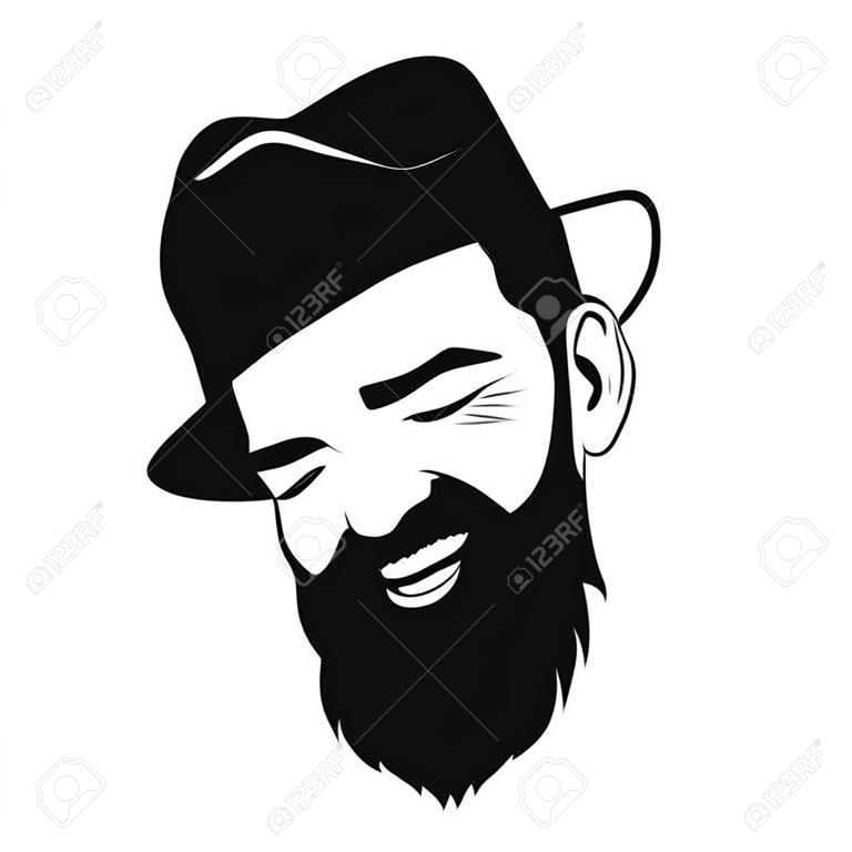 Vector portret van lachen baard man met hoed met gesloten ogen