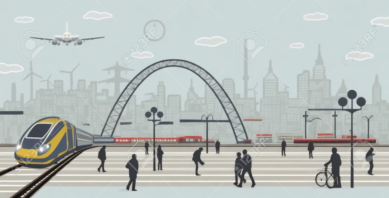 Train move, railway station. Town Square, people walk. Industrial and transport illustration, city infrastructure on background and bridge, airplane fly, vector design art