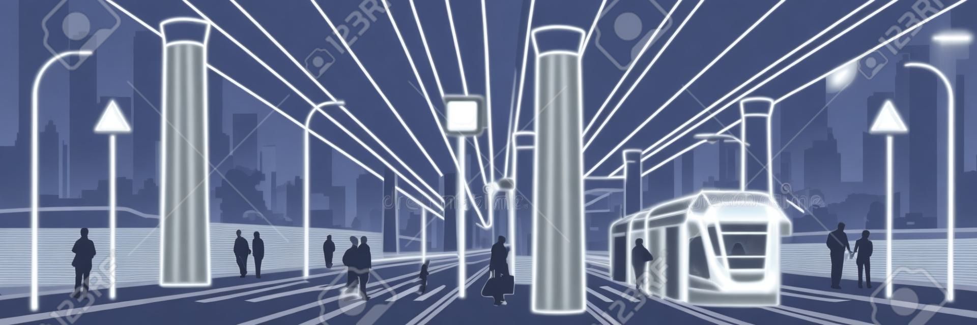 City scene. Urban environment. Automobile bridge, overpass. Tram rides. People walking at street. Night city on background. Electric transport. Outline vector infrastructure illustration. White lines