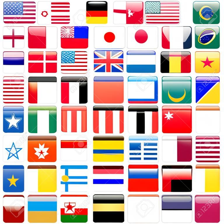 Set beliebten Länderflaggen. Glossy Quadrat Vektor-Icon-Set