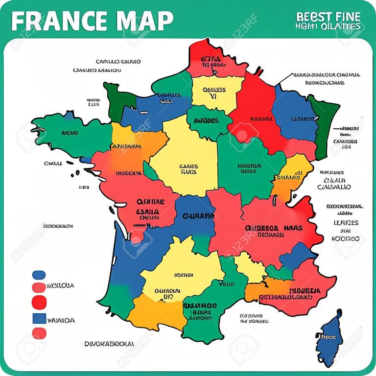 Fransa'nın bölgelerin veya eyaletlerin ve şehirlerin, sermayenin ayrıntılı haritası