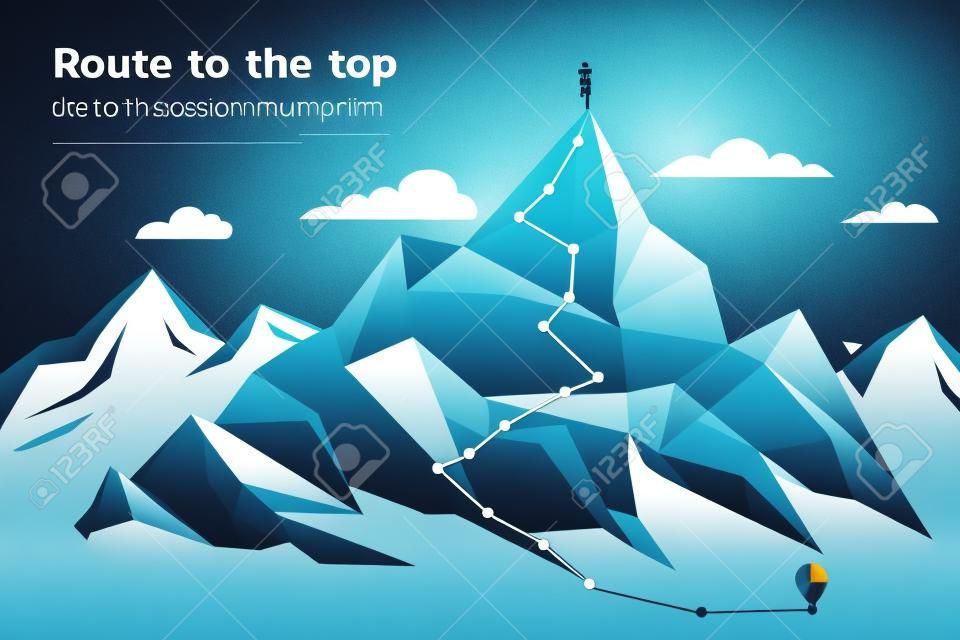 Route to the top of mountain: Concept of Goal, Mission, Vision, Career path, Polygon dot connect line style
