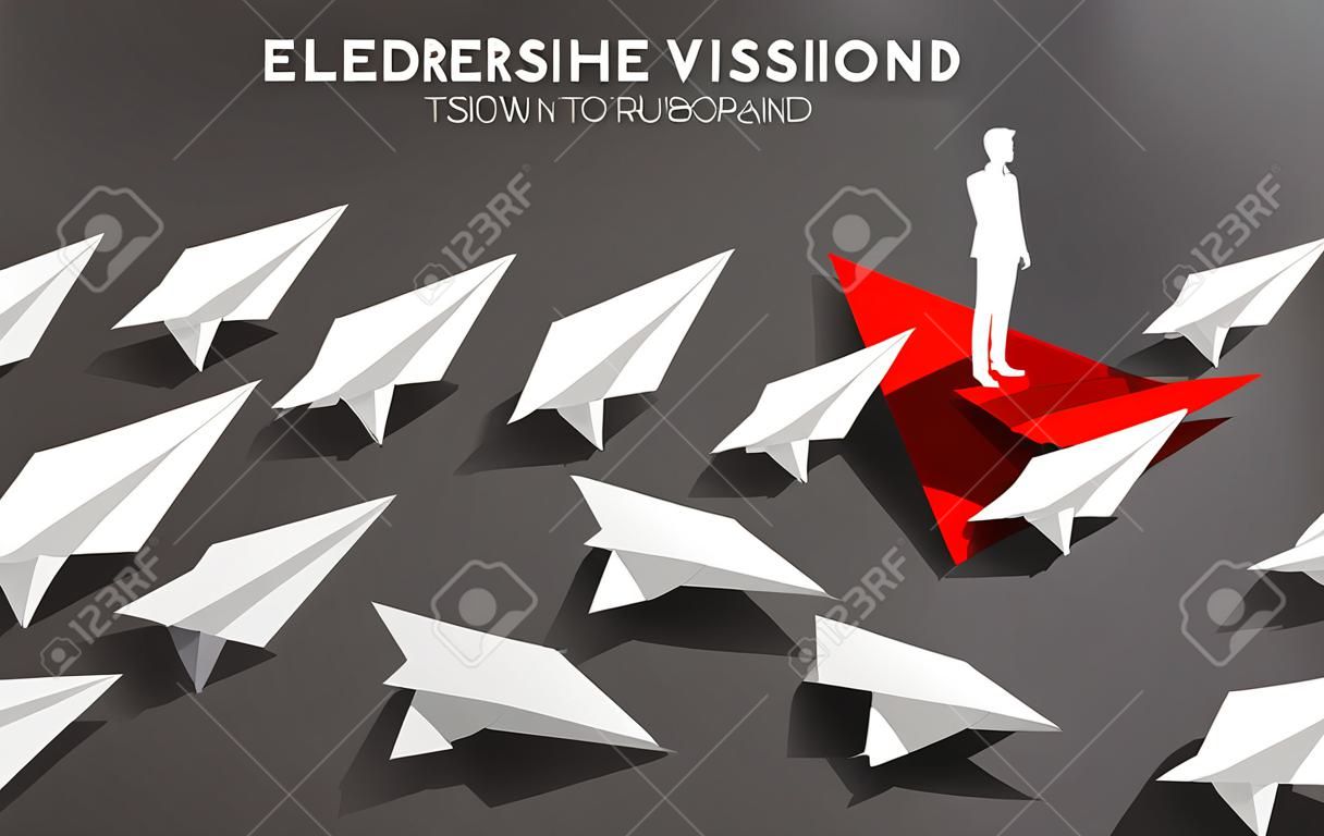 Silhouette of businessman standing on red origami paper airplane leading group of white. Business Concept of leadership and vision mission.