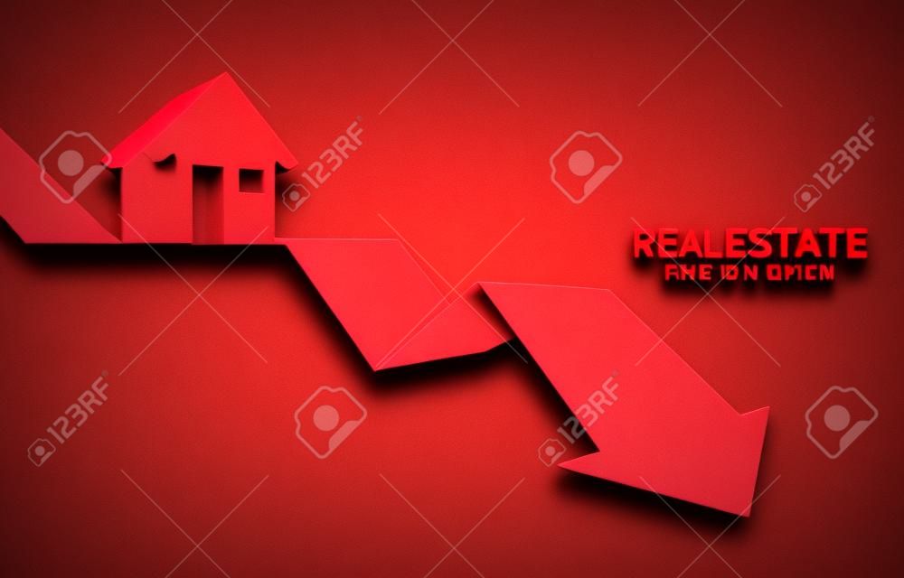 Rotes 3D-Home-Symbol auf herunterfallendem Pfeil. Konzept des Rückgangs des Immobiliengeschäfts und des Immobilienpreises