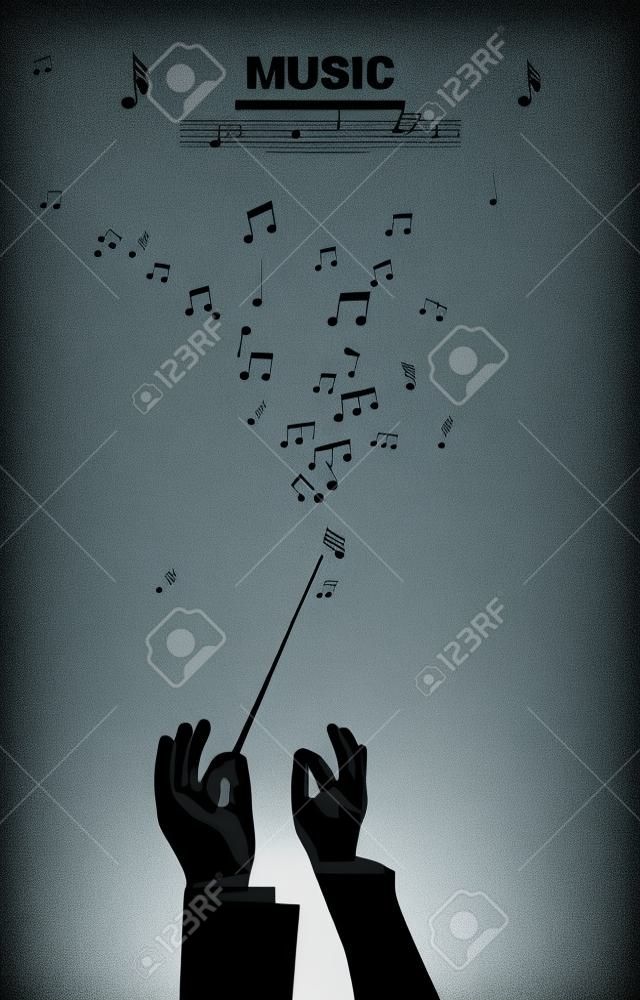 Silhouette vectorielle de la main du chef d'orchestre tenir le bâton de bâton avec une note de musique volante. Fond de concept pour concert d'orchestre et loisirs.