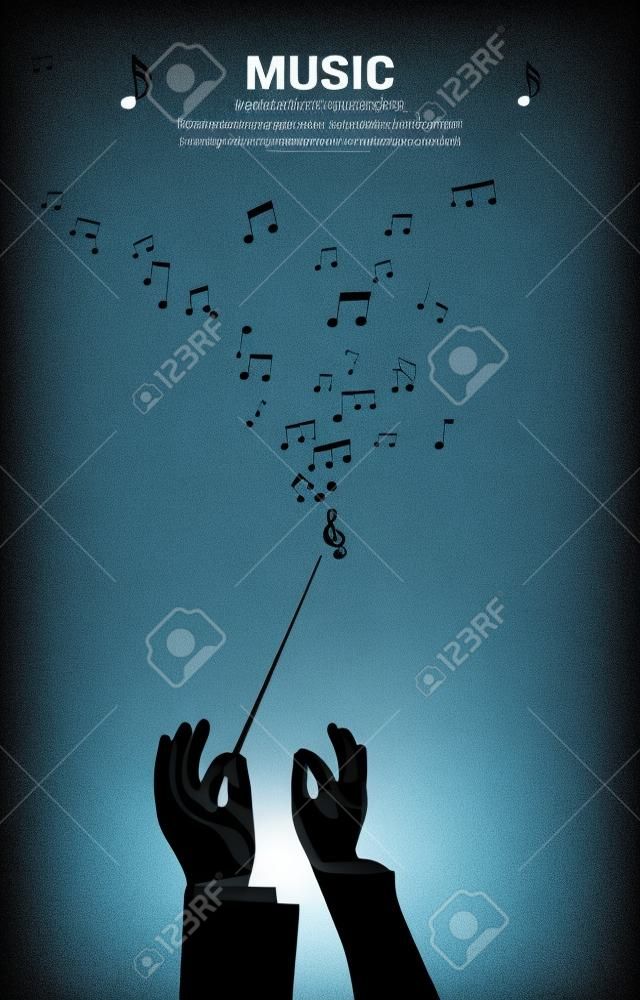 Vector silhouette of conductor hand hold baton stick with flying music note . Concept background for orchestra concert and recreation.