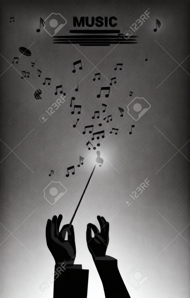 Silhouette vectorielle de la main du chef d'orchestre tenir le bâton de bâton avec une note de musique volante. Fond de concept pour concert d'orchestre et loisirs.