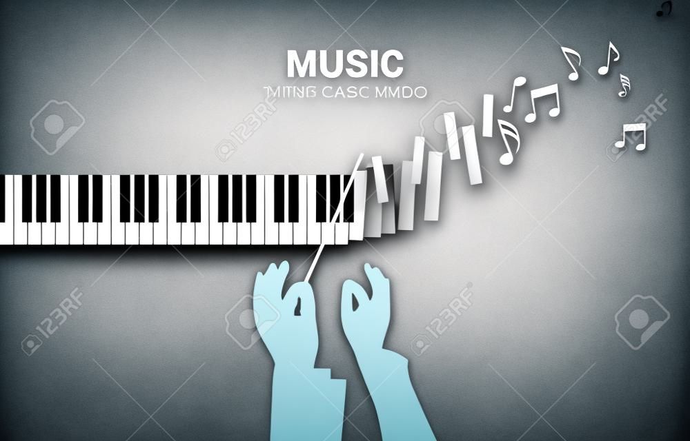 Conductor hand with piano key transform to music note. Background concept for classic song event and music festival