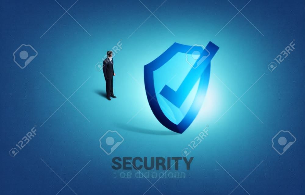 businessman standing with 3D Protection shield icon. concept of guard security and safety