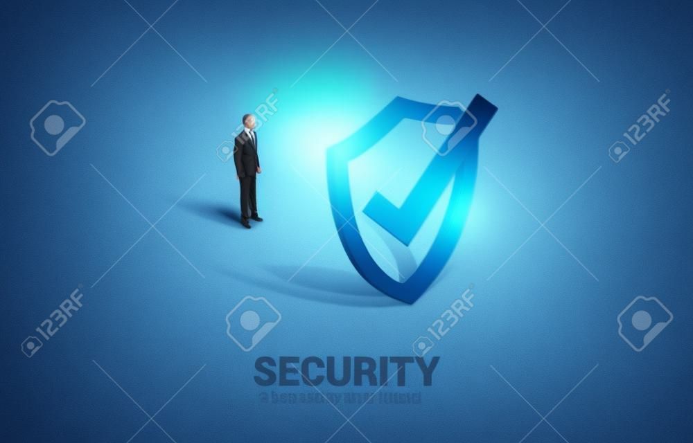 businessman standing with 3D Protection shield icon. concept of guard security and safety