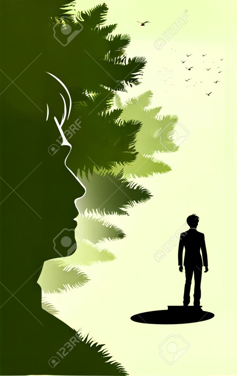 사업가의 벡터 실루엣은 실루엣 맨 머리 안에 자연 숲과 함께 서 있습니다. 돌보고 환경을 보호하기 위한 배경.
