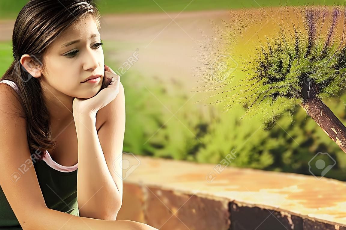 Chica sola pensando en un parque en Houston, Texas