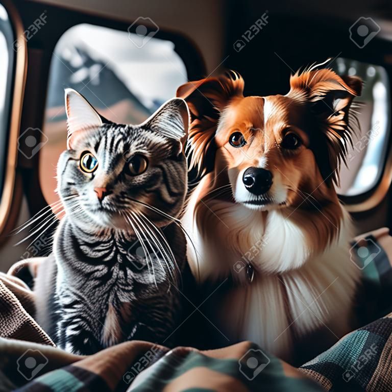 Perro Y Gato Graciosos Viajando Juntos Dentro De Una Caravana Con