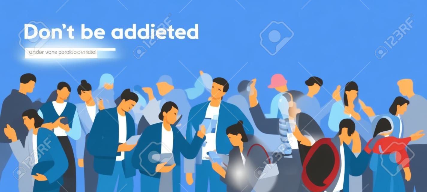 Addicted mobile phone users and person standing out from slaves crowd. Man getting free from smartphone, gadget, internet, social media addiction. Online vs offline concept. Flat vector illustration