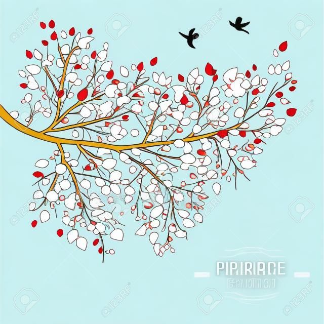 Spring branch with green leaves. Vector illustration. Place for text.