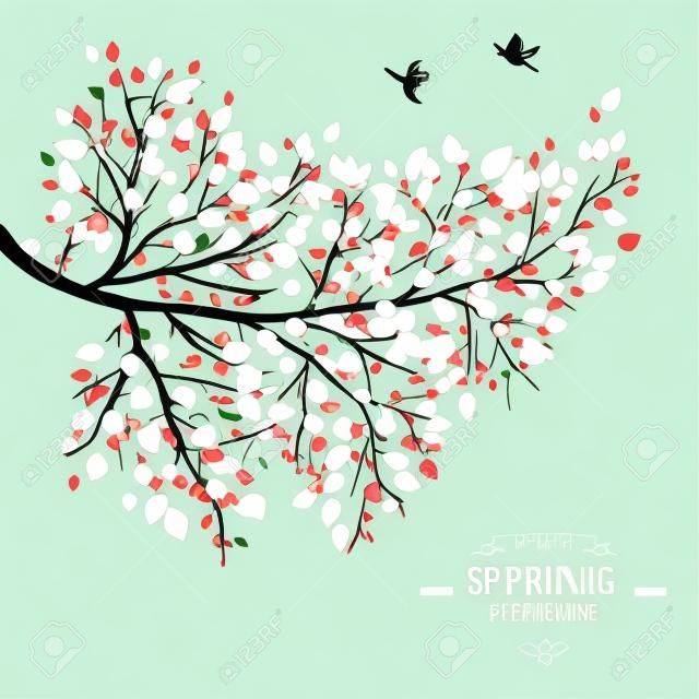 Primavera rama con hojas verdes. Ilustración del vector. Lugar para el texto.