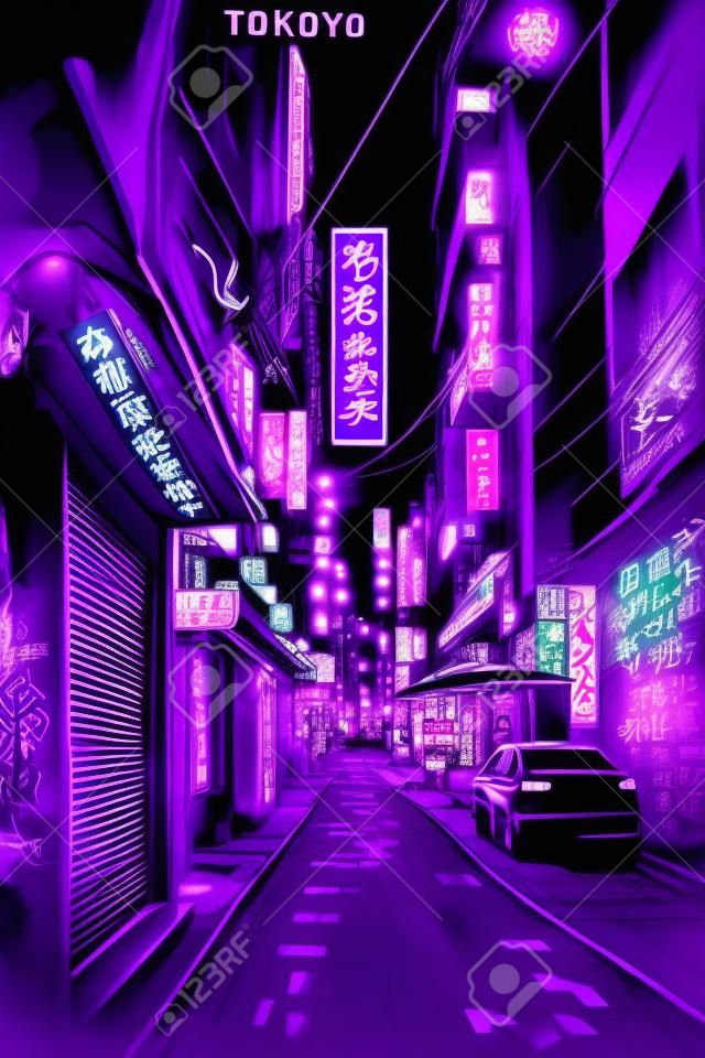 Tokyo City by Night, Anime en Manga tekening illustratie, uitzicht op de stad, paarse neon