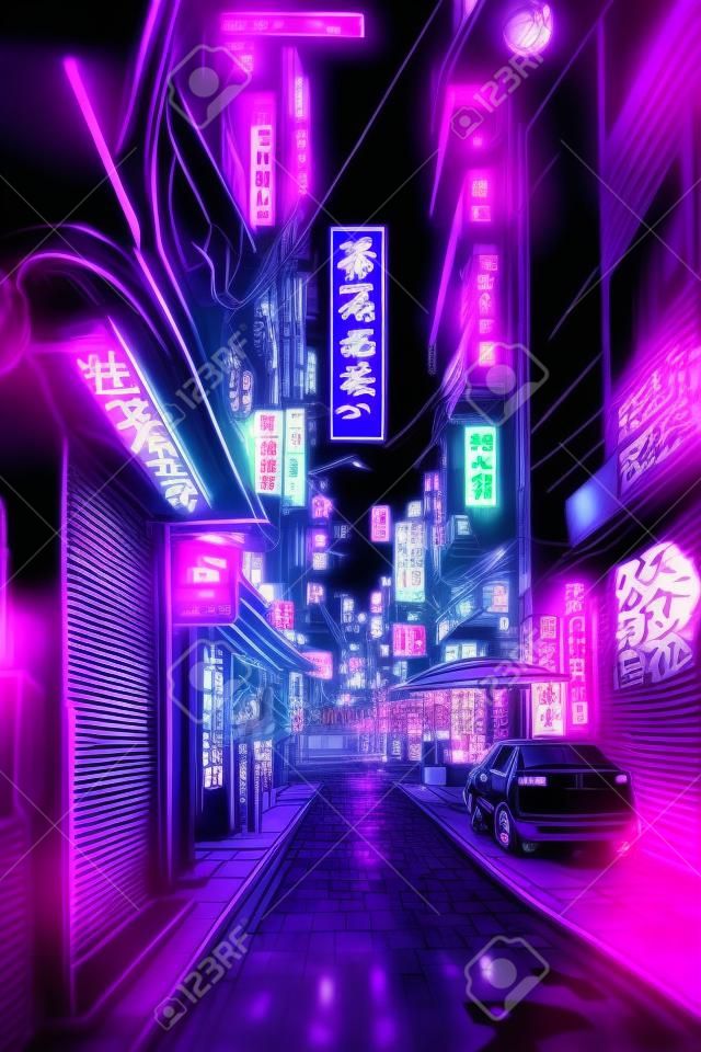 Tokyo City by Night, Anime en Manga tekening illustratie, uitzicht op de stad, paarse neon