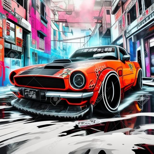 Japanese Car Tuning Bosozoku, Graffiti Poster Art Illustration, AI